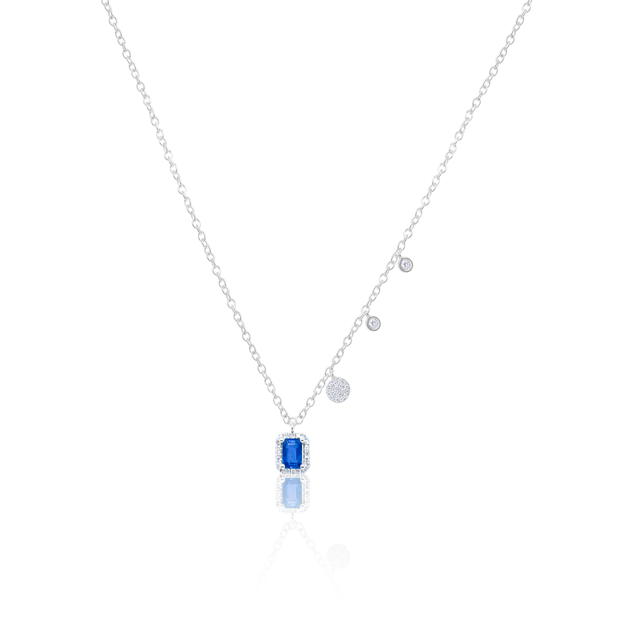 White Gold Diamond Emerald Cut Blue Sapphire Charm Necklace