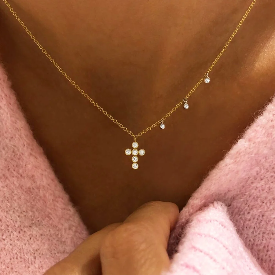 Bezel Set Diamond Cross Necklace on model