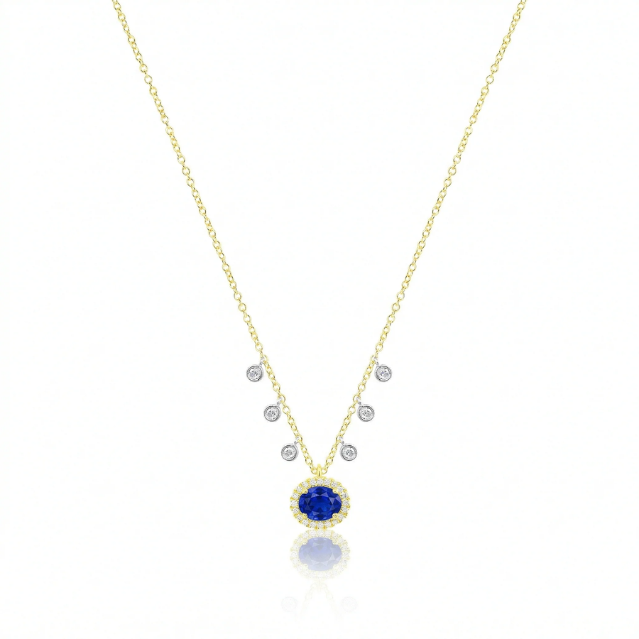 14kt Yellow Gold Diamond and Blue Sapphire Oval Pendant Necklace