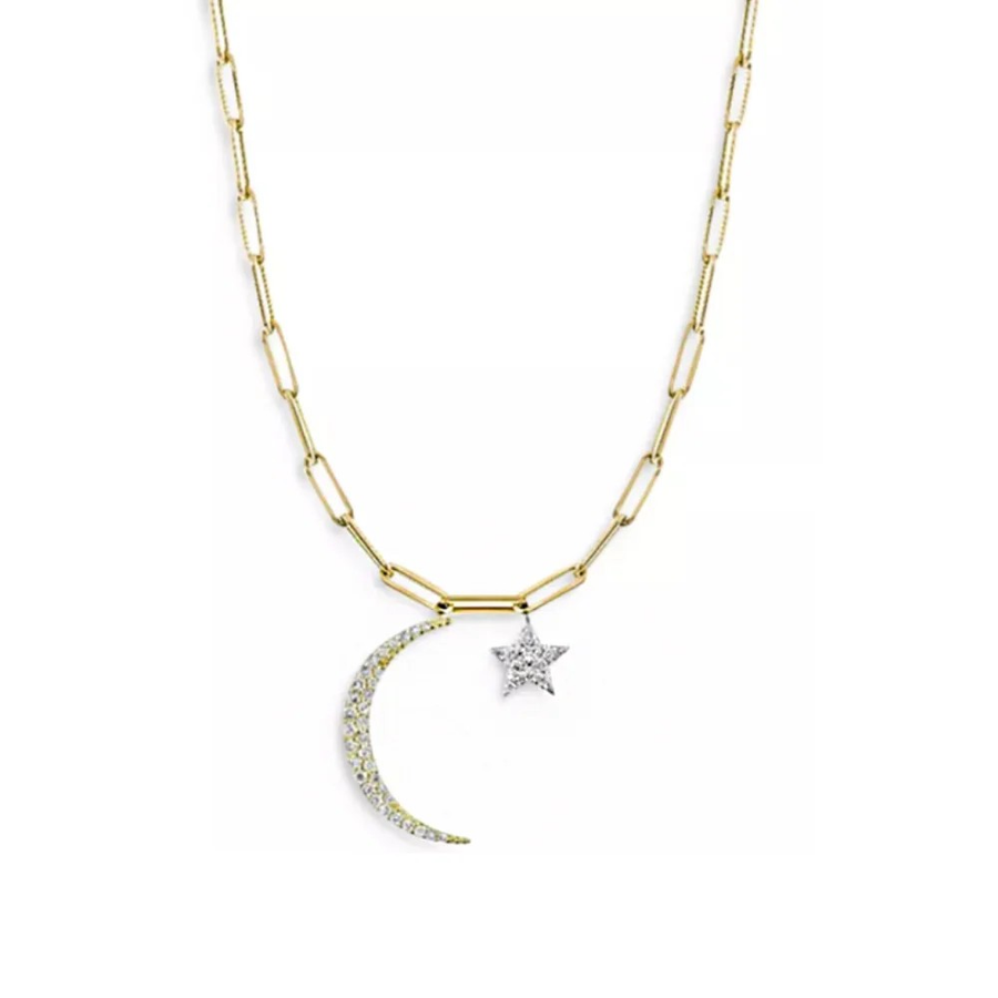 Yellow Gold Moon and Star Diamond Paperclip Necklace