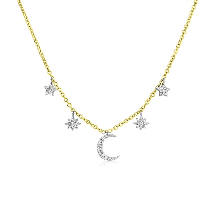 Sisterly Style Yellow Gold Moon & Star Diamond Necklace