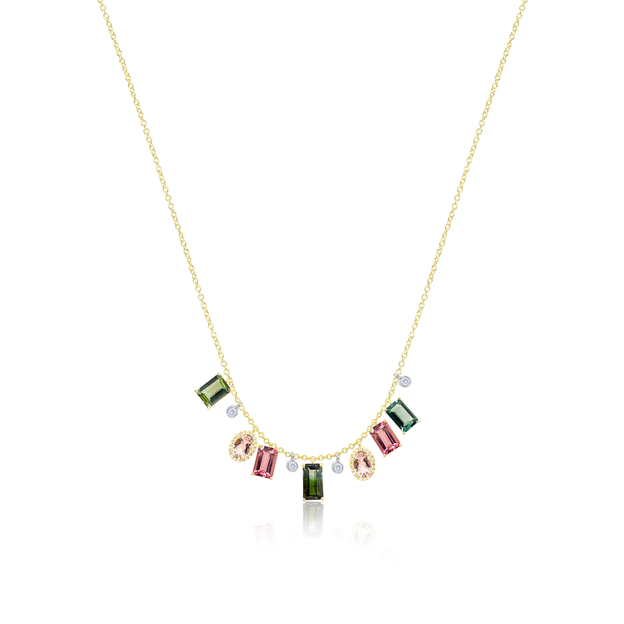 14kt Yellow Gold Morganite and Tourmaline Diamond Gemstone Necklace