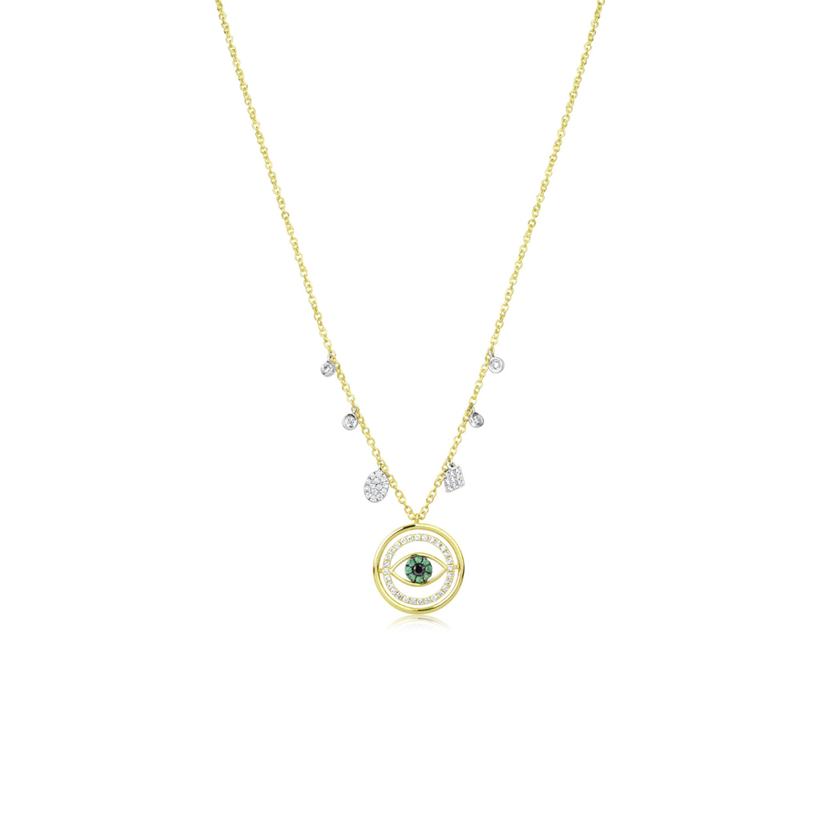 Yellow Gold Emerald and Diamond Evil Eye Necklace