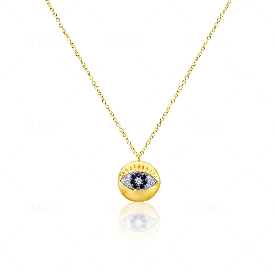 Brushed Gold Over Silver Diamond and Sapphire Evil Eye Necklace