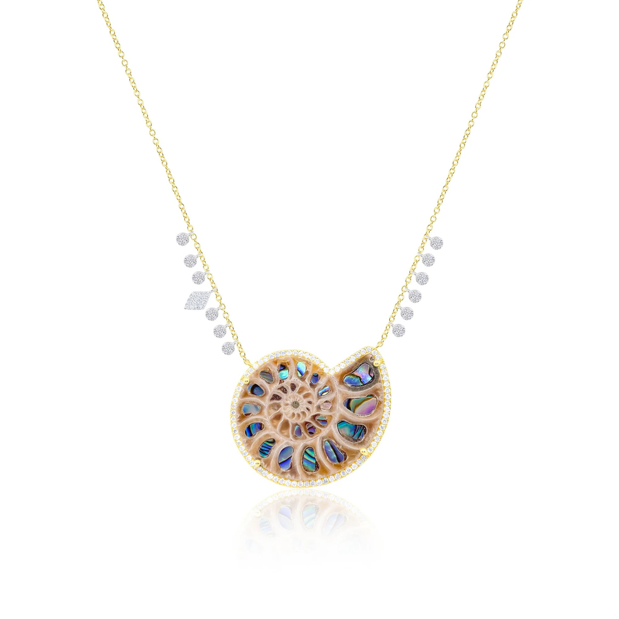 14kt Yellow Gold Ammonite Fossil Necklace with Diamond Fringe