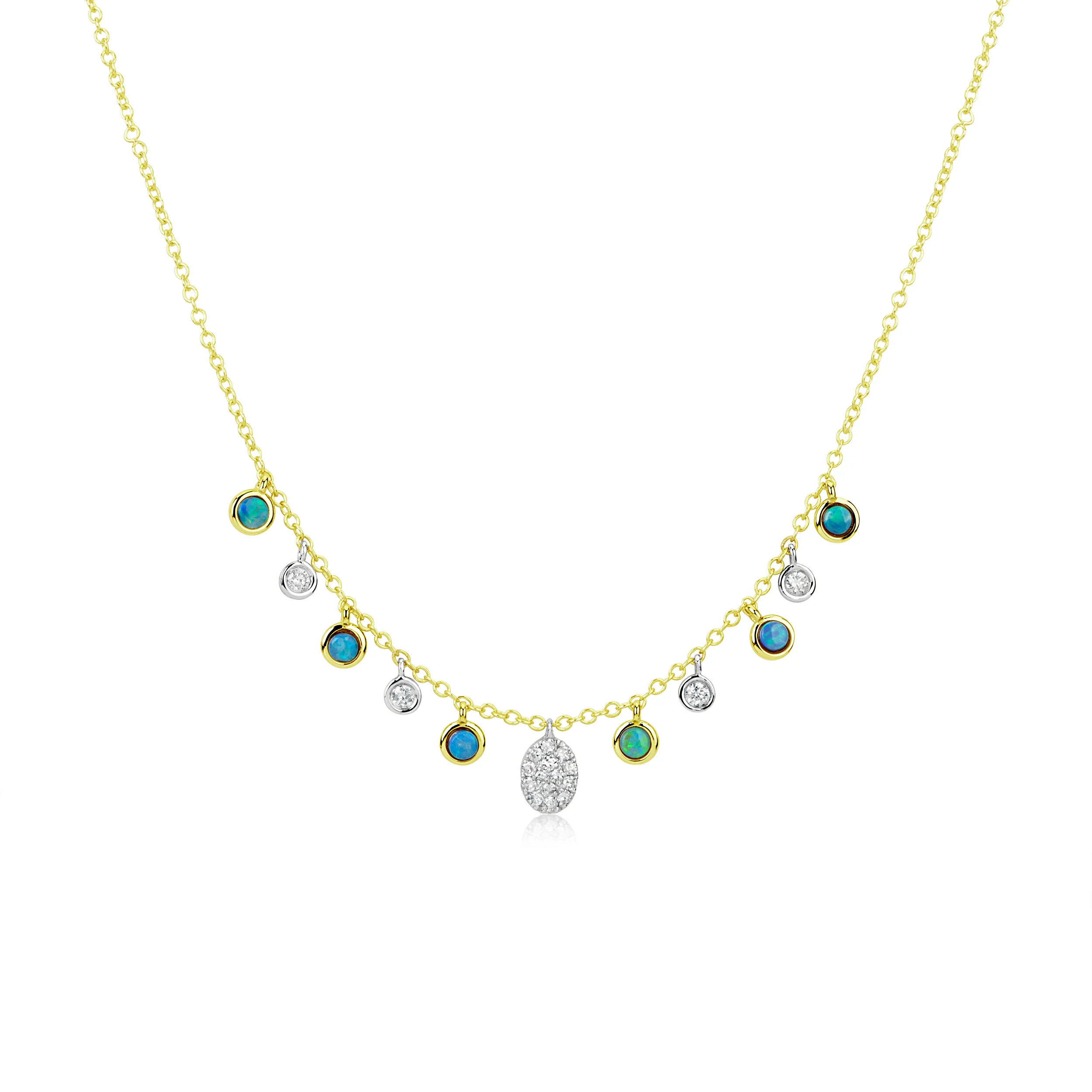 Yellow Gold Diamond and Opal Bezel Necklace