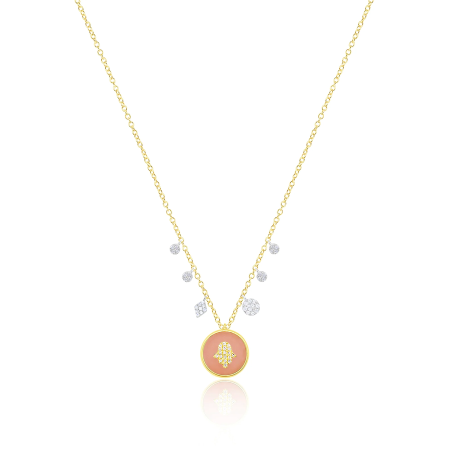 14kt Yellow Gold and Silver Hamsa Pink Opal Necklace