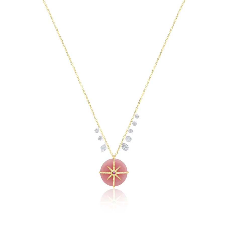 14kt Yellow Gold Pink Opal Diamond Pink Sapphire Compass Necklace