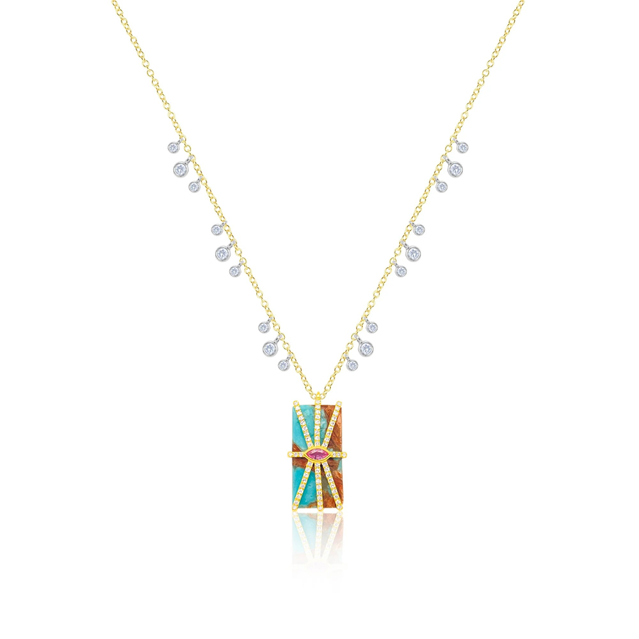 Yellow Gold Turquoise Pink Sapphire Pendant Charm Necklace