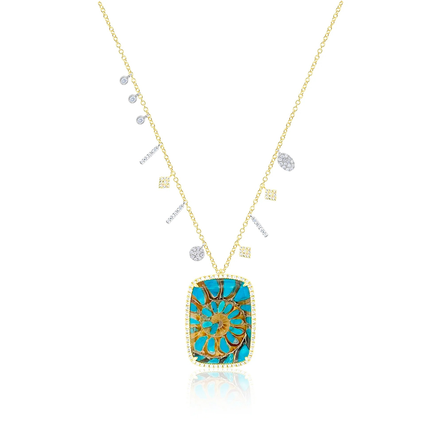 Yellow Gold Blue and Brown Ammonite Fossil Necklace with Diamond Fringe