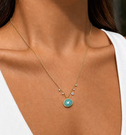 14kt Yellow Gold Diamond Pearl and Turquoise Necklace lifestyle photo