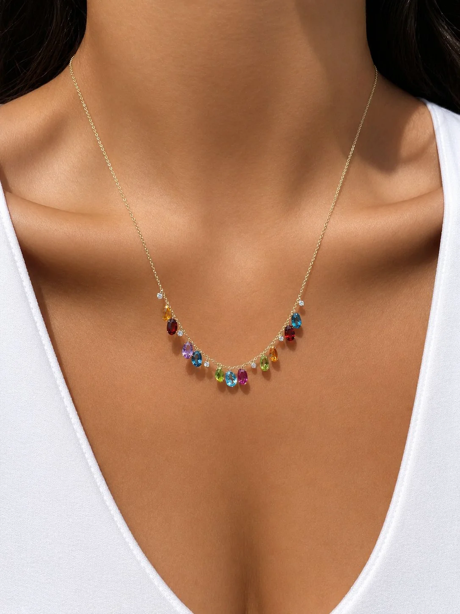 Multi Color Gemstone and Diamond Rainbow Briolette Necklace