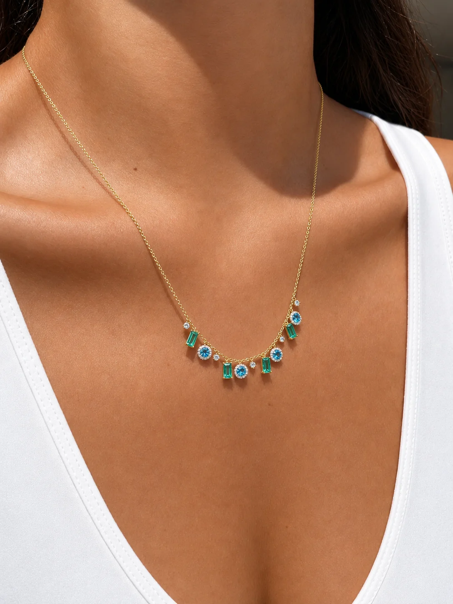 14kt Yellow Gold Blue Topaz and Emerald Gemstone Necklace