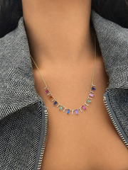 Yellow Gold Diamond and Multicolor Sapphire Rainbow Fringe Necklace worn
