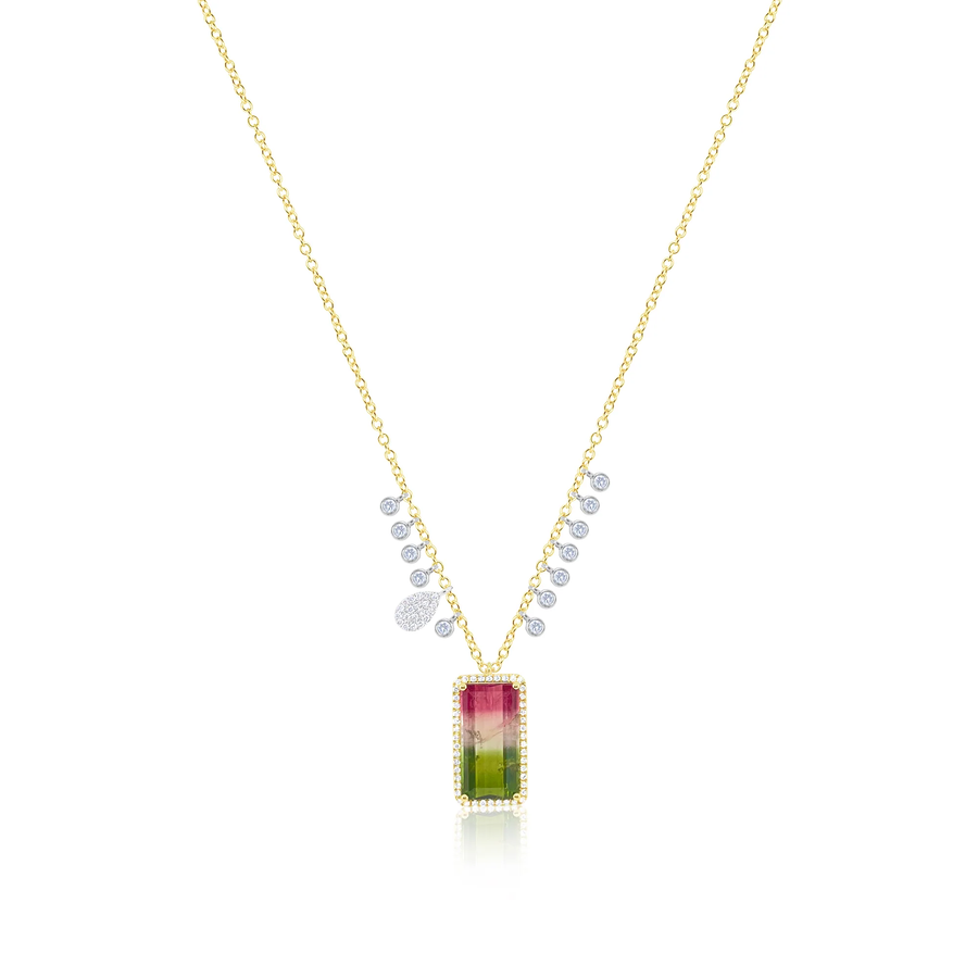 14kt Yellow Gold Diamond and Rectangular Watermelon Tourmaline Pendant Necklace