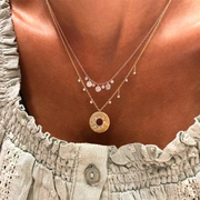 Disk layering necklace worn on model
