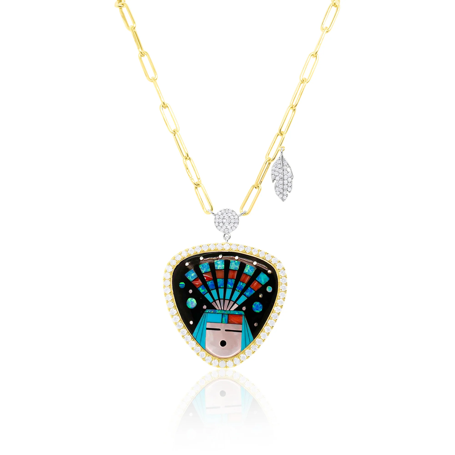 Mosaic Gemstone Inlay Necklace 14kt Gold Paperclip Chain Diamond Charms Silver Center