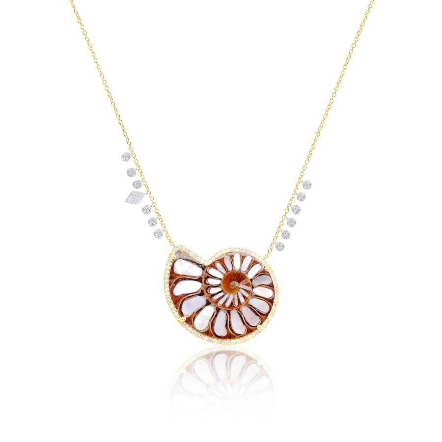 14kt Yellow Gold Ammonite Fossil and Diamond Necklace